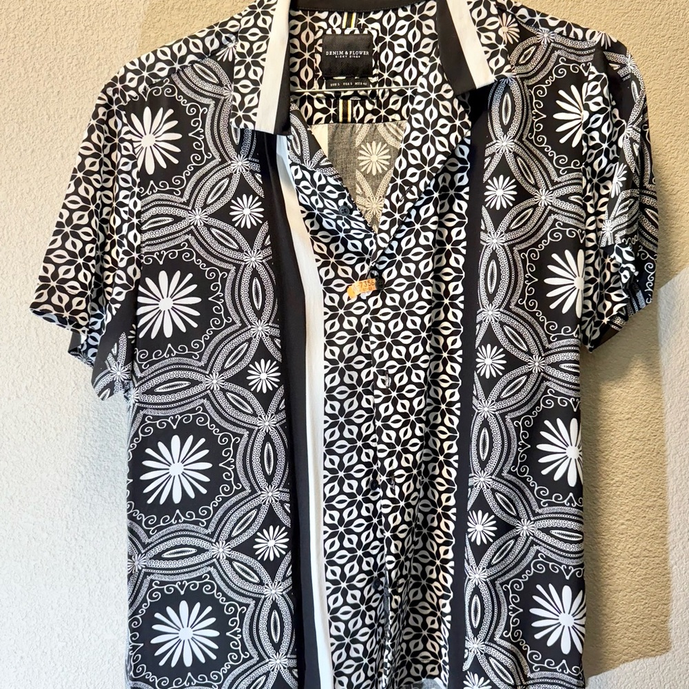 Men’s New Denim & Flower Nordstrom Black and White Floral Geometric Casual Shirt